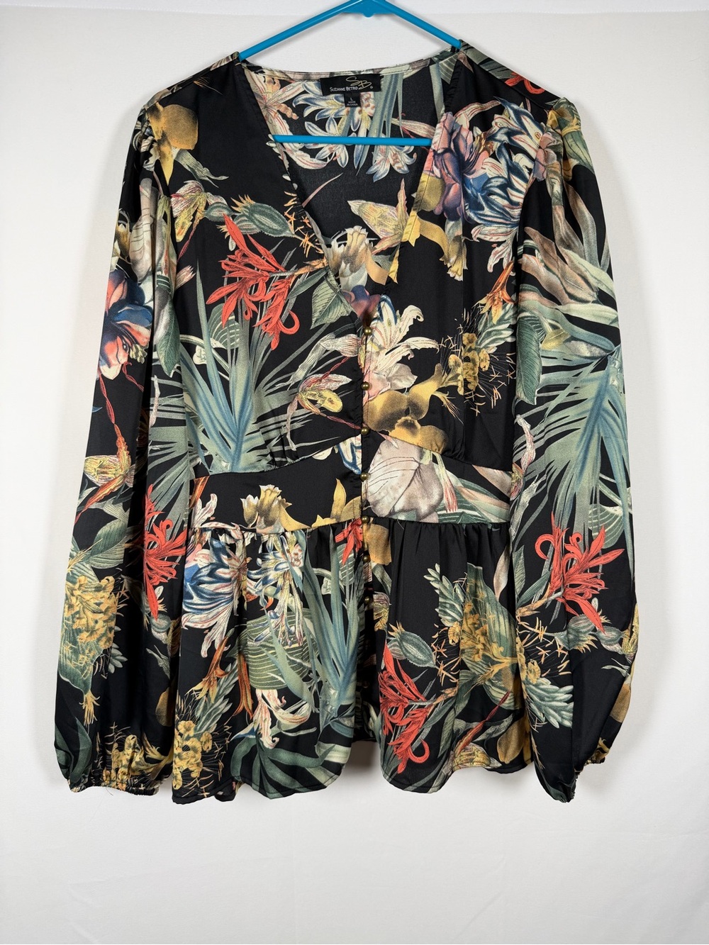 Suzanne Betro Black Tropical Floral V-Neck Peplum Blouse